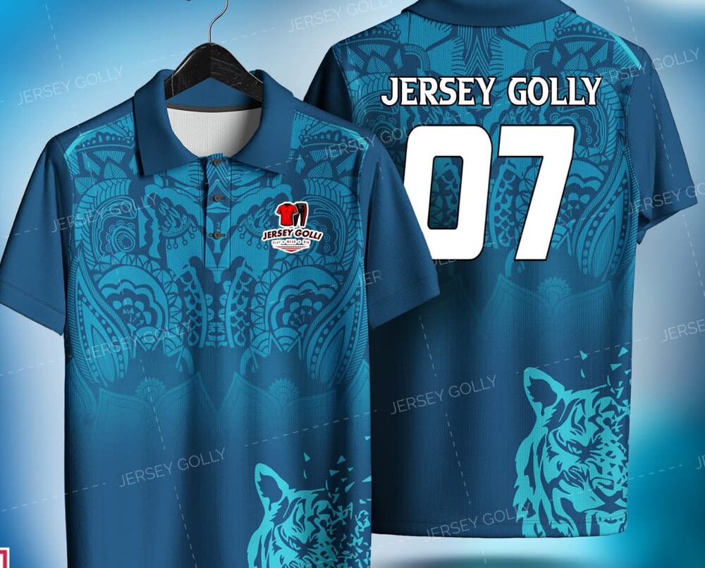 Jersey Golly custom football jersey, blue tiger-mandala design